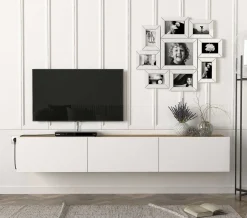 TV-Schrank Damla - 180x30x30cm - 3 Türen - weiß/Eiche Dekor
