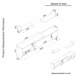 TV-Schrank Dizayn - 181x31x41cm - mit 1 Tür und 2 Wandeinlegeböden - weiß/Walnuss