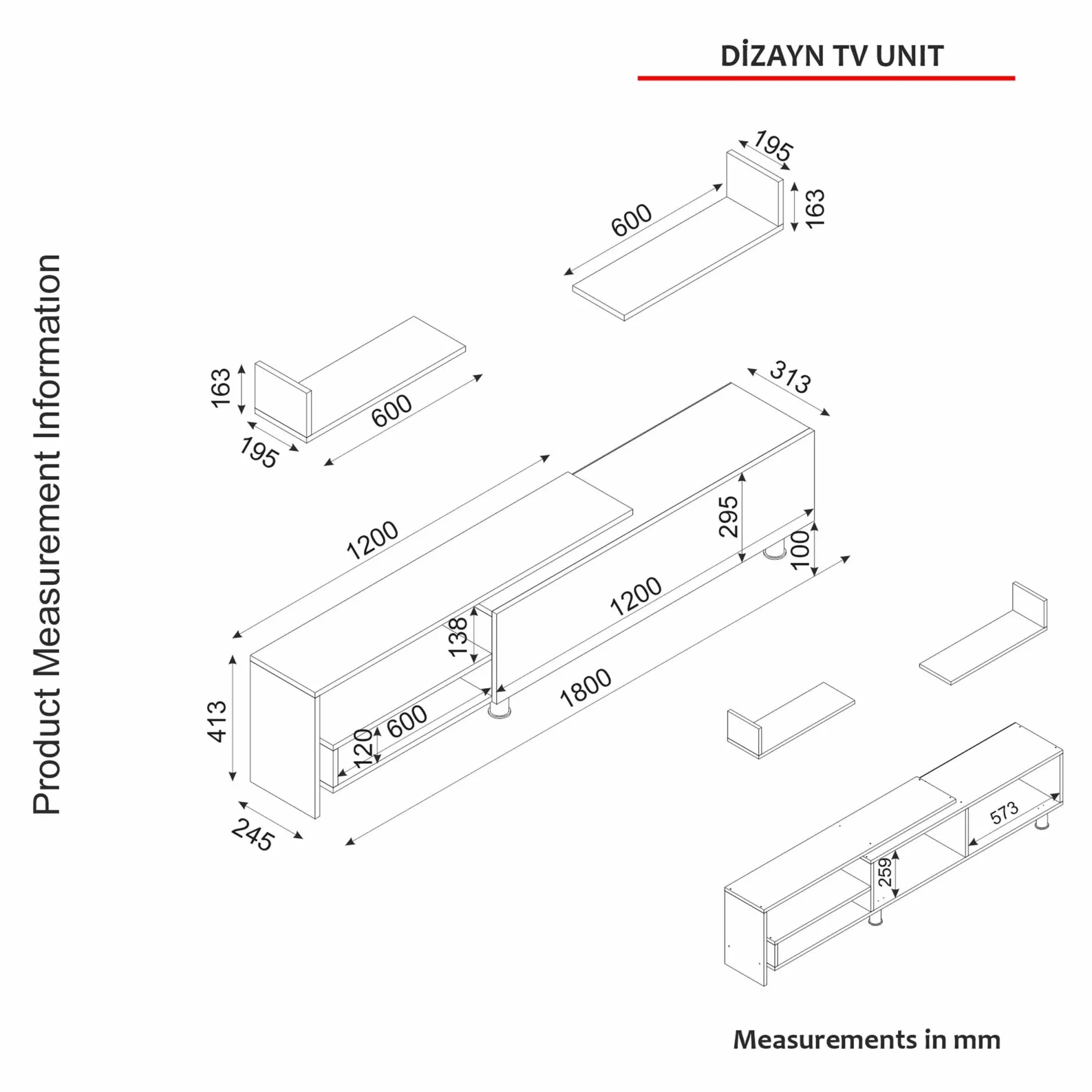 TV-Schrank Dizayn - 181x31x41cm - mit 1 Tür und 2 Wandeinlegeböden - weiß/Walnuss