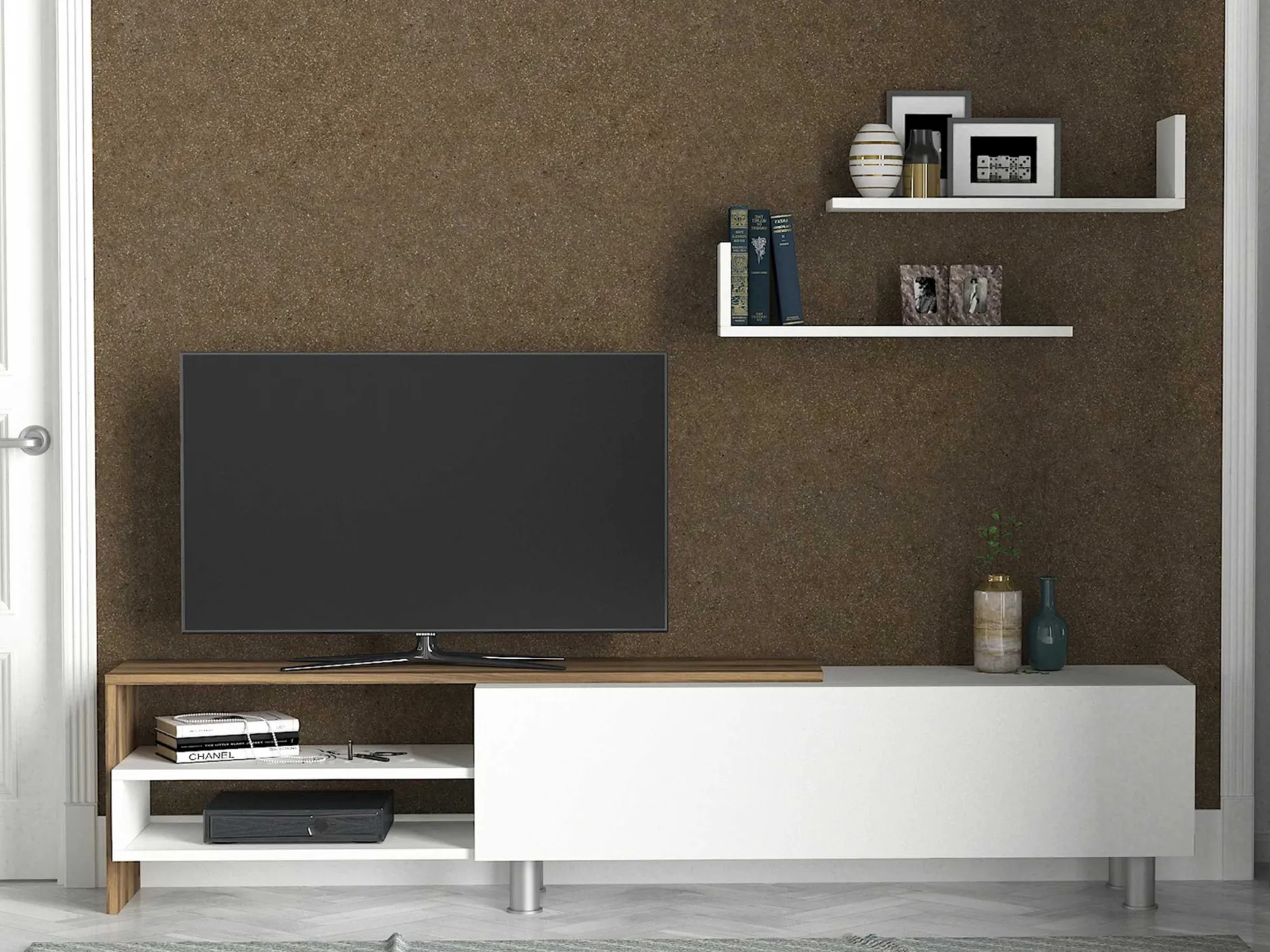 TV-Schrank Dizayn - 181x31x41cm - mit 1 Tür und 2 Wandeinlegeböden - weiß/Walnuss