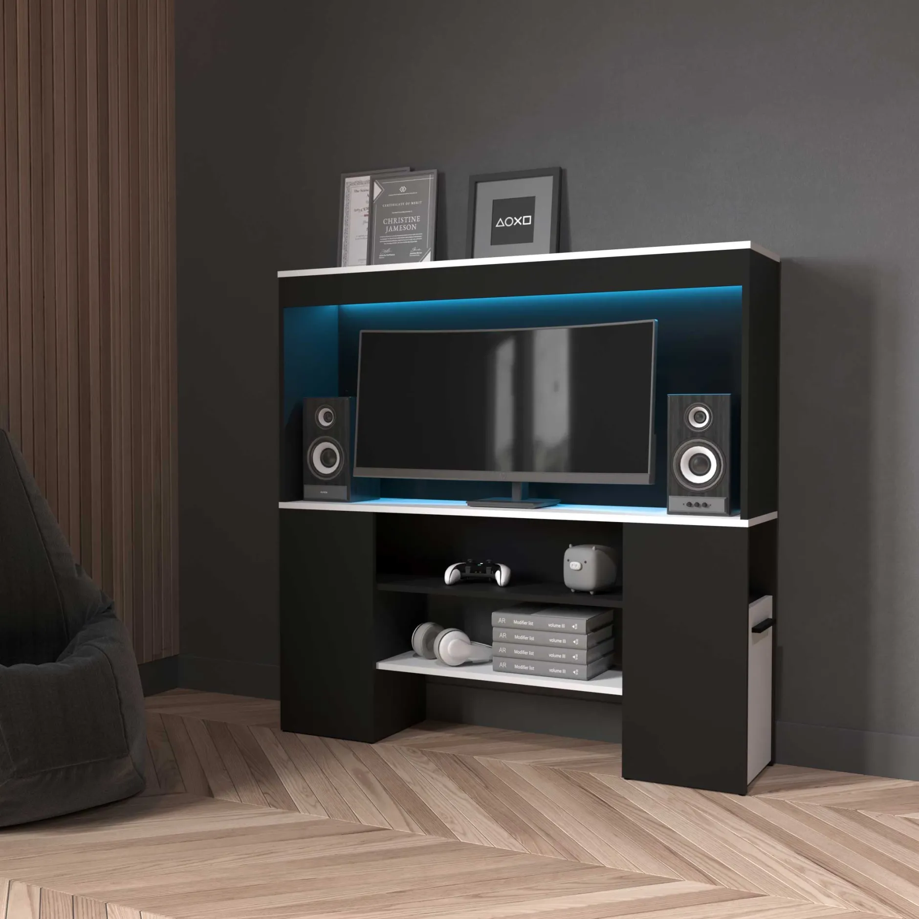 TV-Schrank Dreampad - 120x27x116cm - mit LED-Beleuchtung - schwarz/weiß