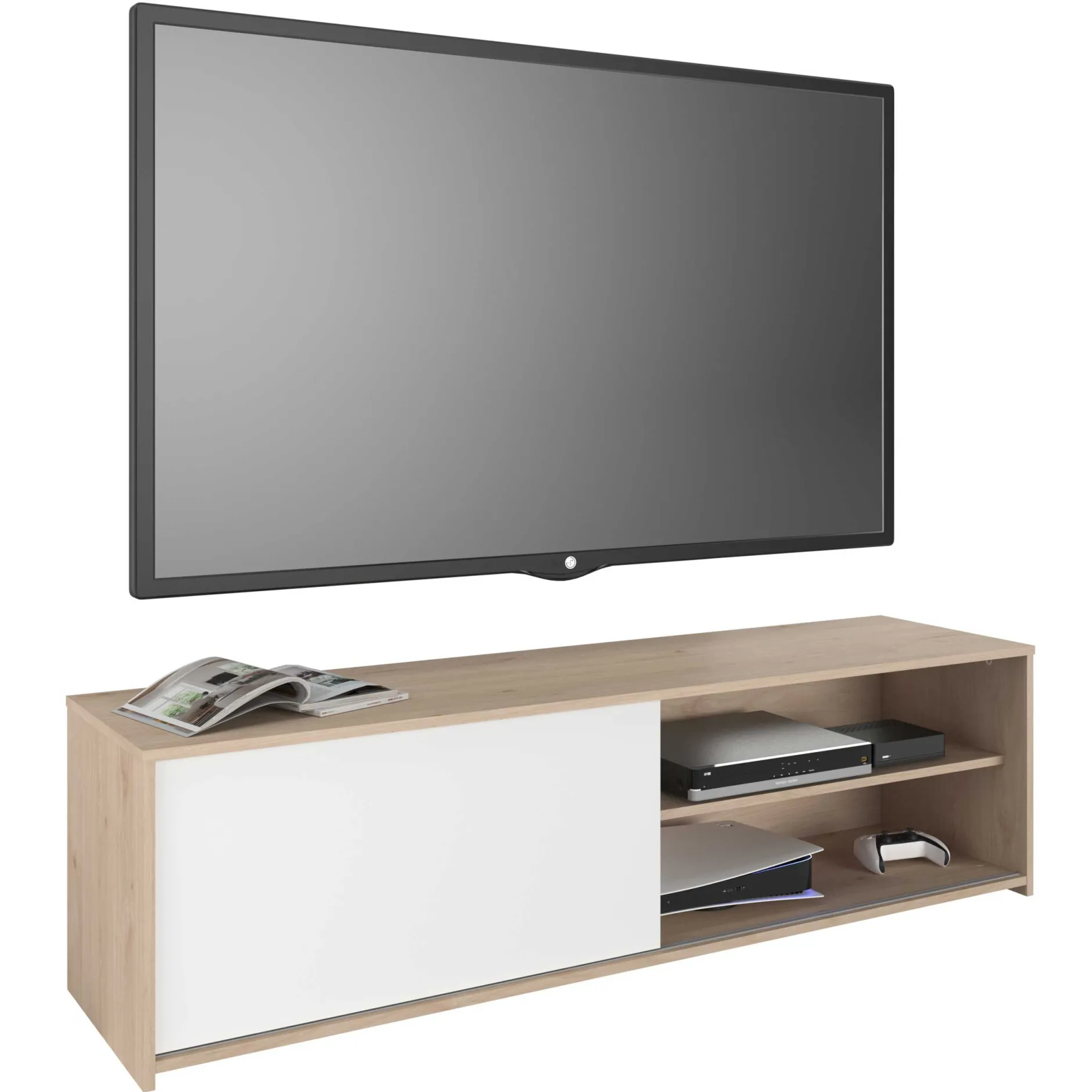 TV-Schrank Leandro - 155x40x43cm - mit Schiebetür - Eiche Dekor/Weiß