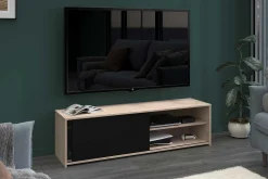 TV-Schrank Leandro - 155x40x43cm - mit Schiebetür - Eiche Dekor/schwarz