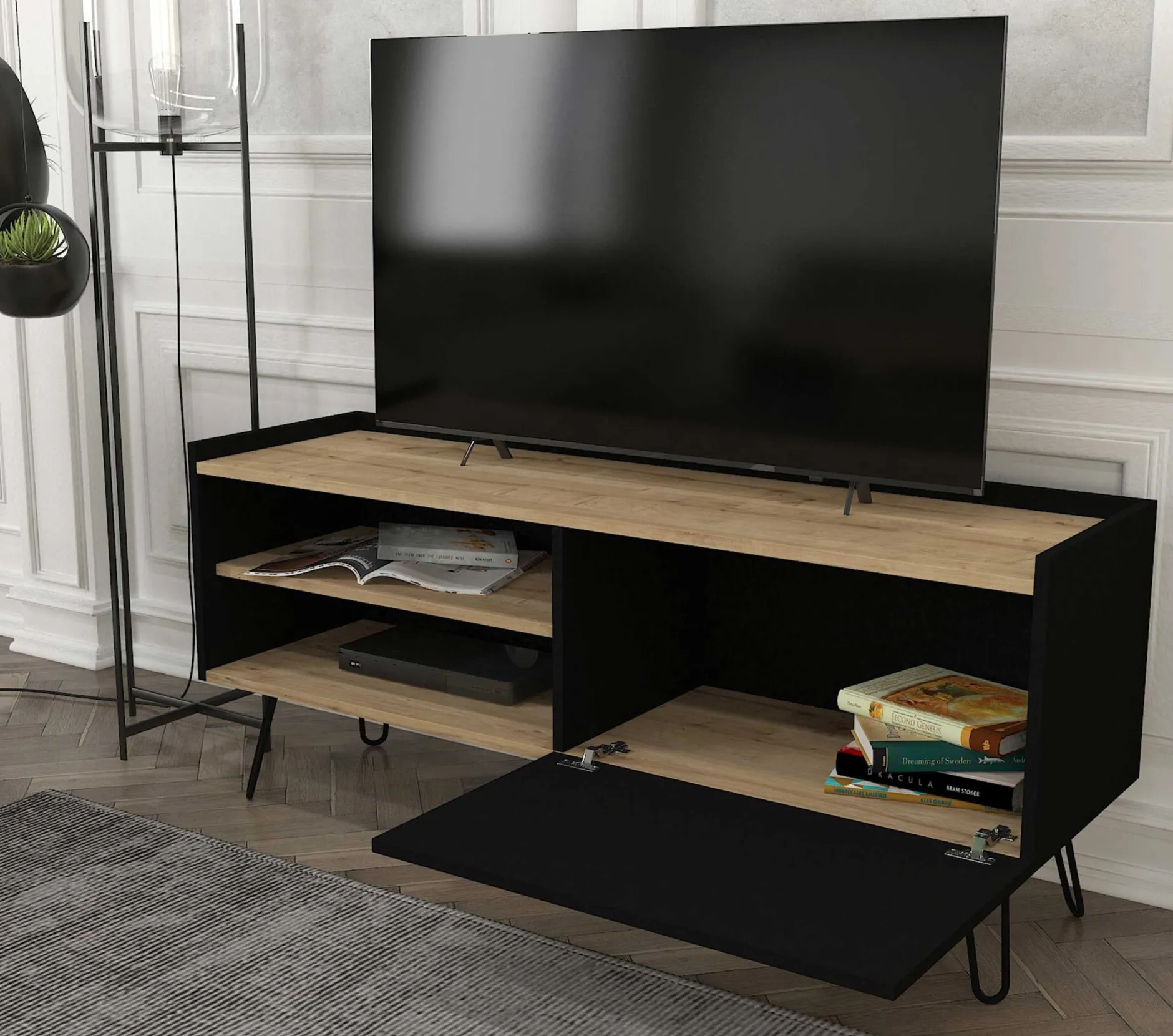 TV-Schrank Nina - 140x42x59cm - mit Stauraum - Eiche Dekor/schwarz