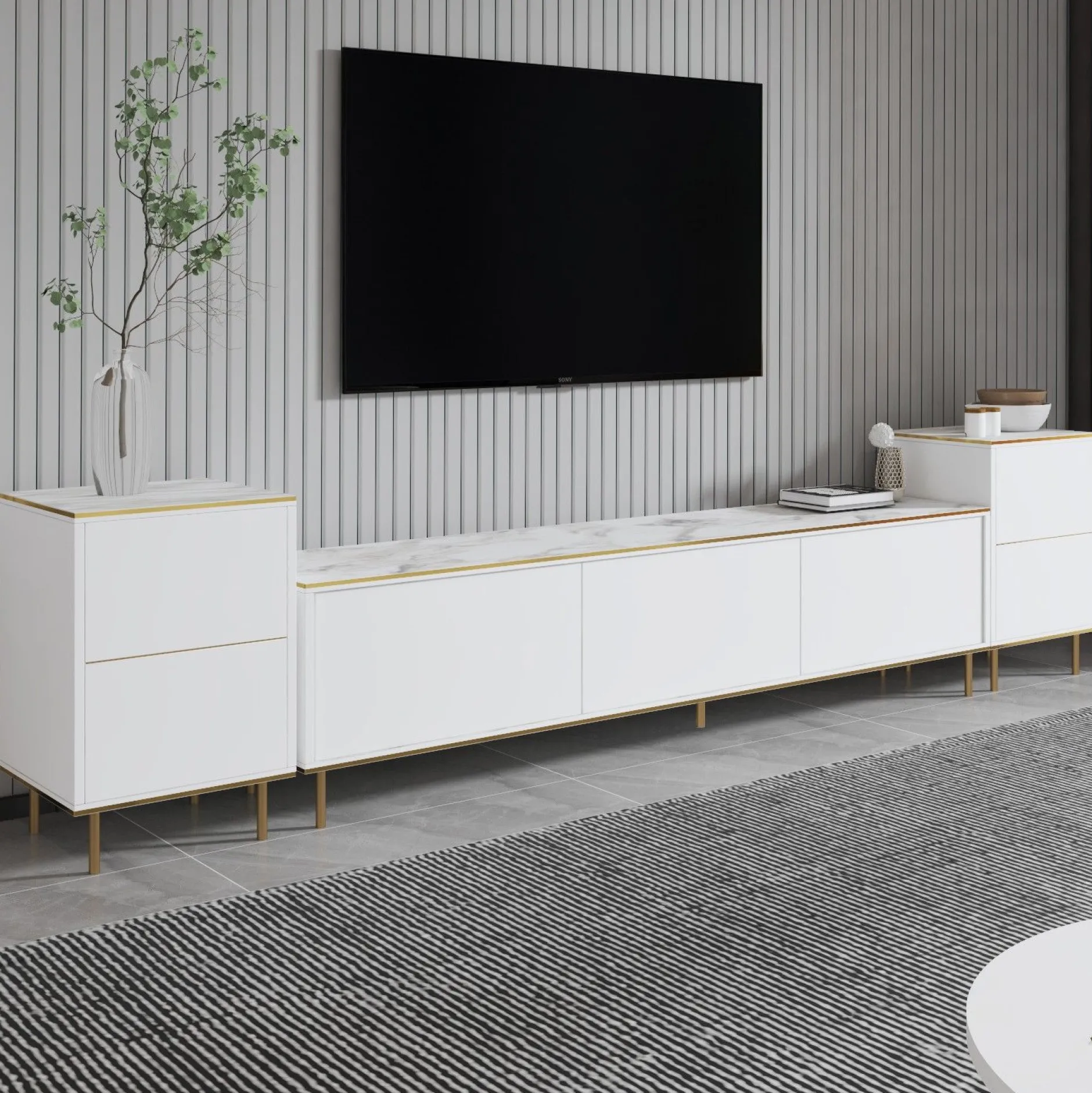 TV-Wandmöbel Imaj - 100% MELAMINE - Weißer Marmor - 180 x 60 x 35 cm