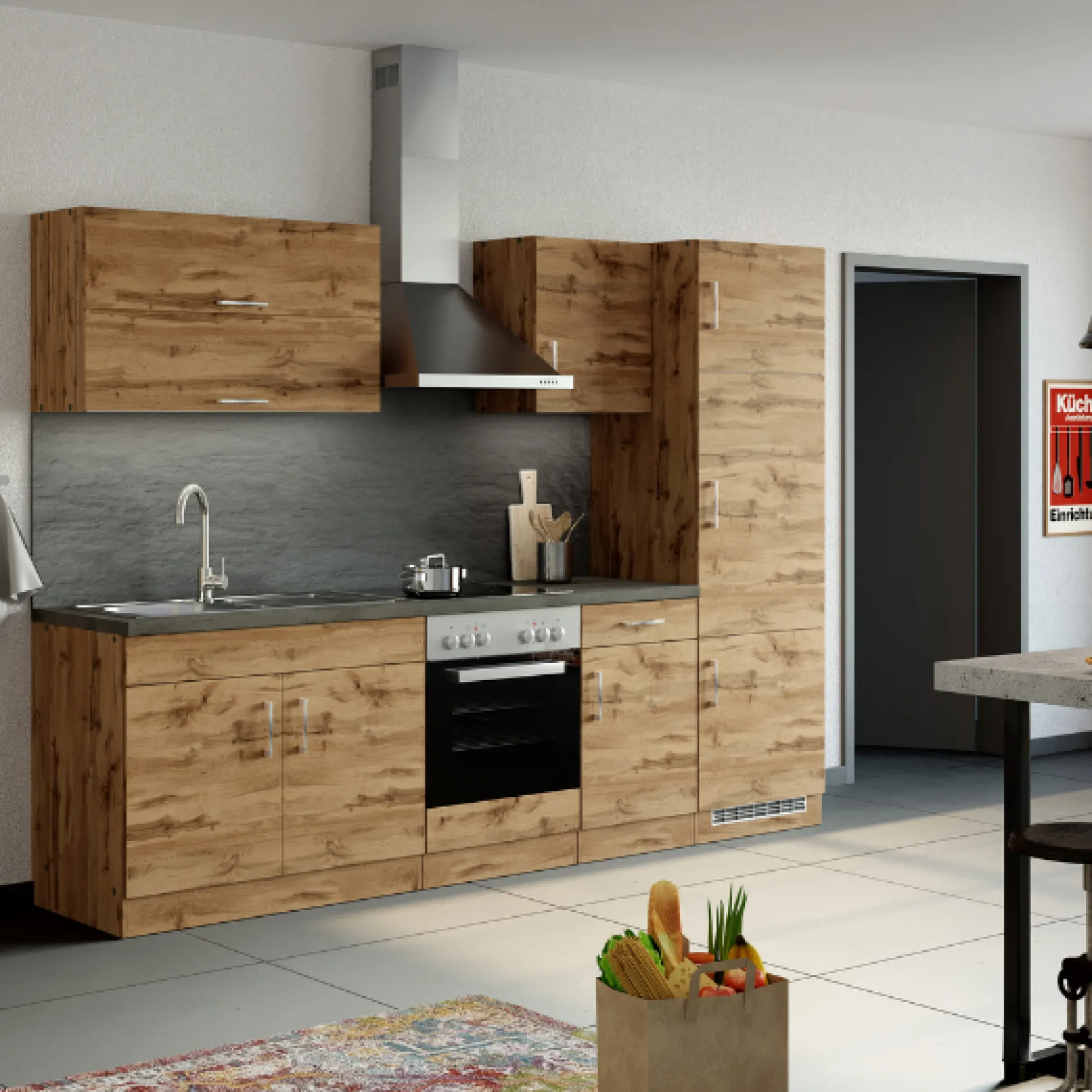 Unterschrank Sorrella 60cm für Backofen und Kochfeld - Eiche/Beton