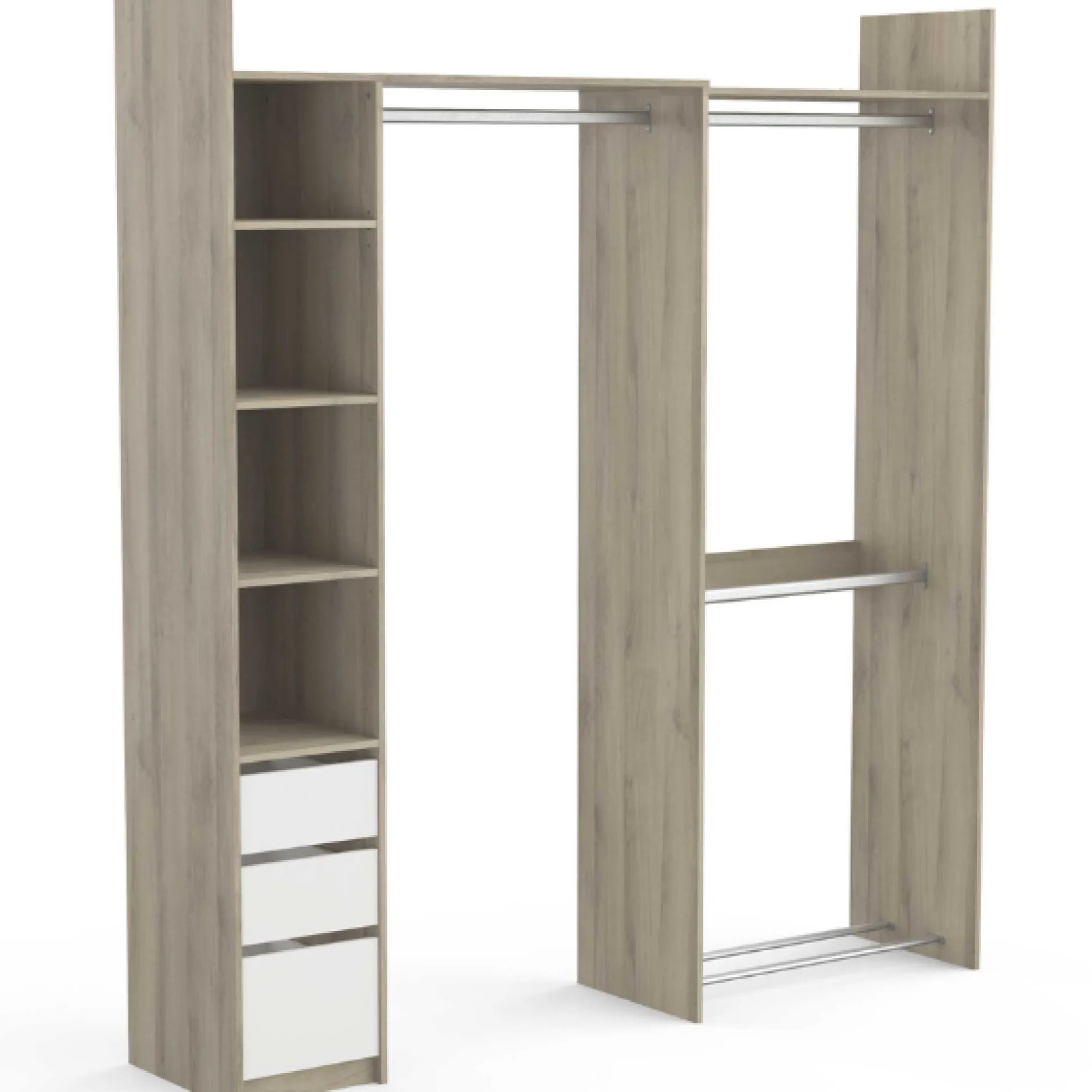 Verstellbarer Kleiderschrank Swift 3 Kleiderstangen, 3 Einlegeböden, 1 Schuhregal, 1 Hutablage und 3 Schubladen-Kronberger Eiche/Mattweiß