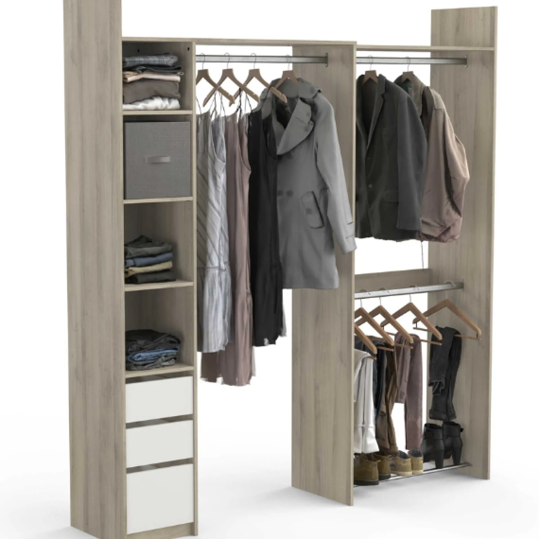 Verstellbarer Kleiderschrank Swift 3 Kleiderstangen, 3 Einlegeböden, 1 Schuhregal, 1 Hutablage und 3 Schubladen-Kronberger Eiche/Mattweiß