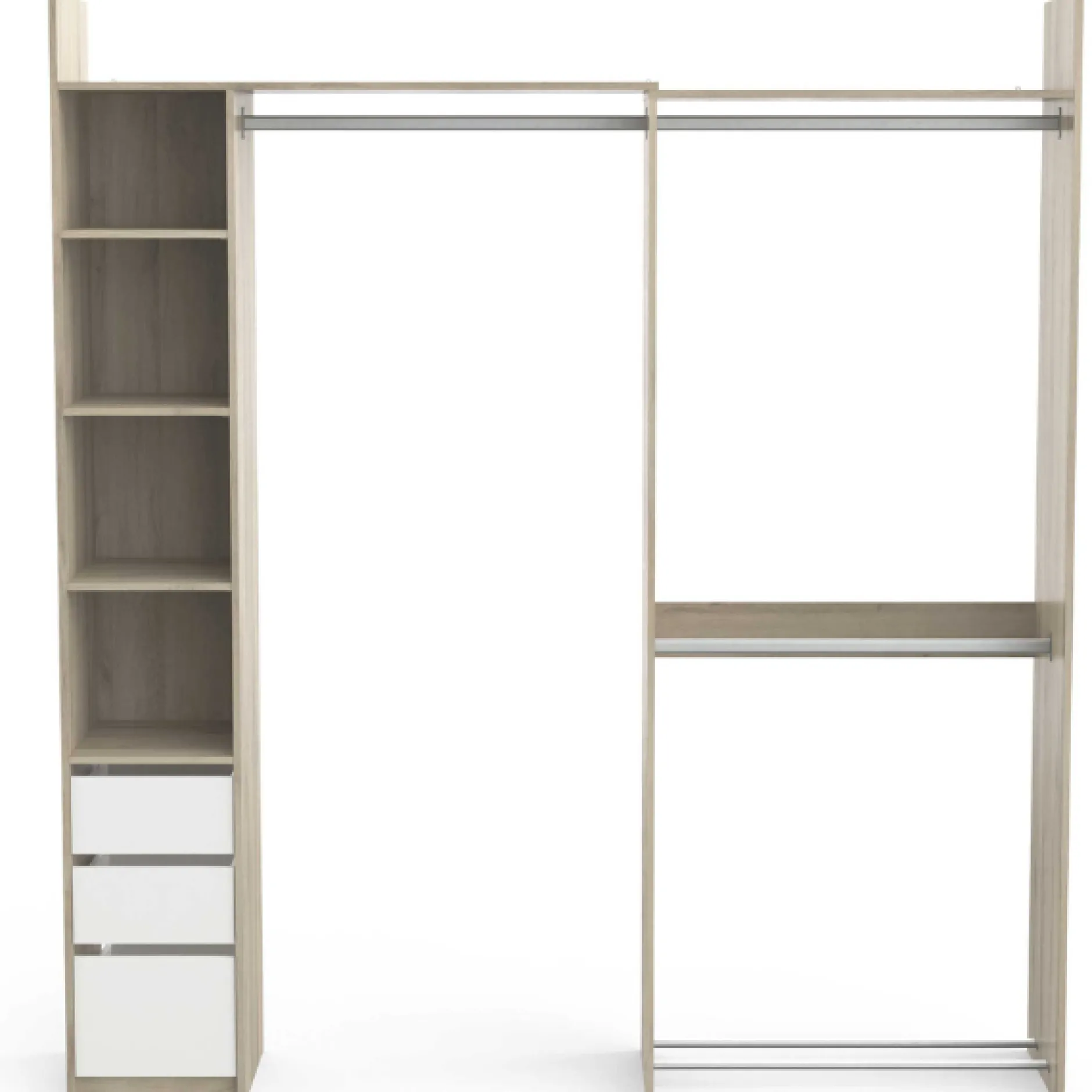 Verstellbarer Kleiderschrank Swift 3 Kleiderstangen, 3 Einlegeböden, 1 Schuhregal, 1 Hutablage und 3 Schubladen-Kronberger Eiche/Mattweiß