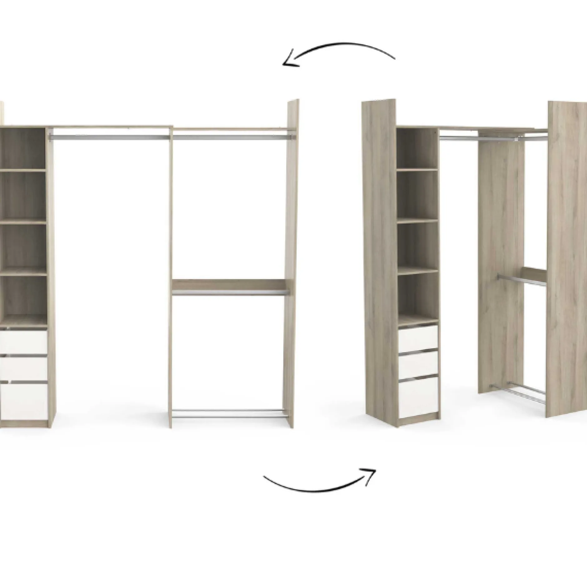 Verstellbarer Kleiderschrank Swift 3 Kleiderstangen, 3 Einlegeböden, 1 Schuhregal, 1 Hutablage und 3 Schubladen-Kronberger Eiche/Mattweiß