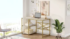 VG23 Schreibtisch | 100 % Melamin | Weißer Marmor, Gold
