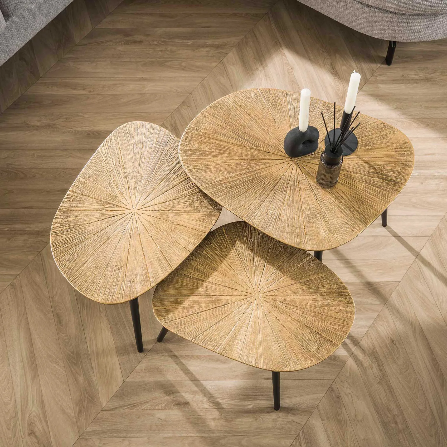 Viereckiger Couchtisch Ray Metall 3er Set in Antik Gold