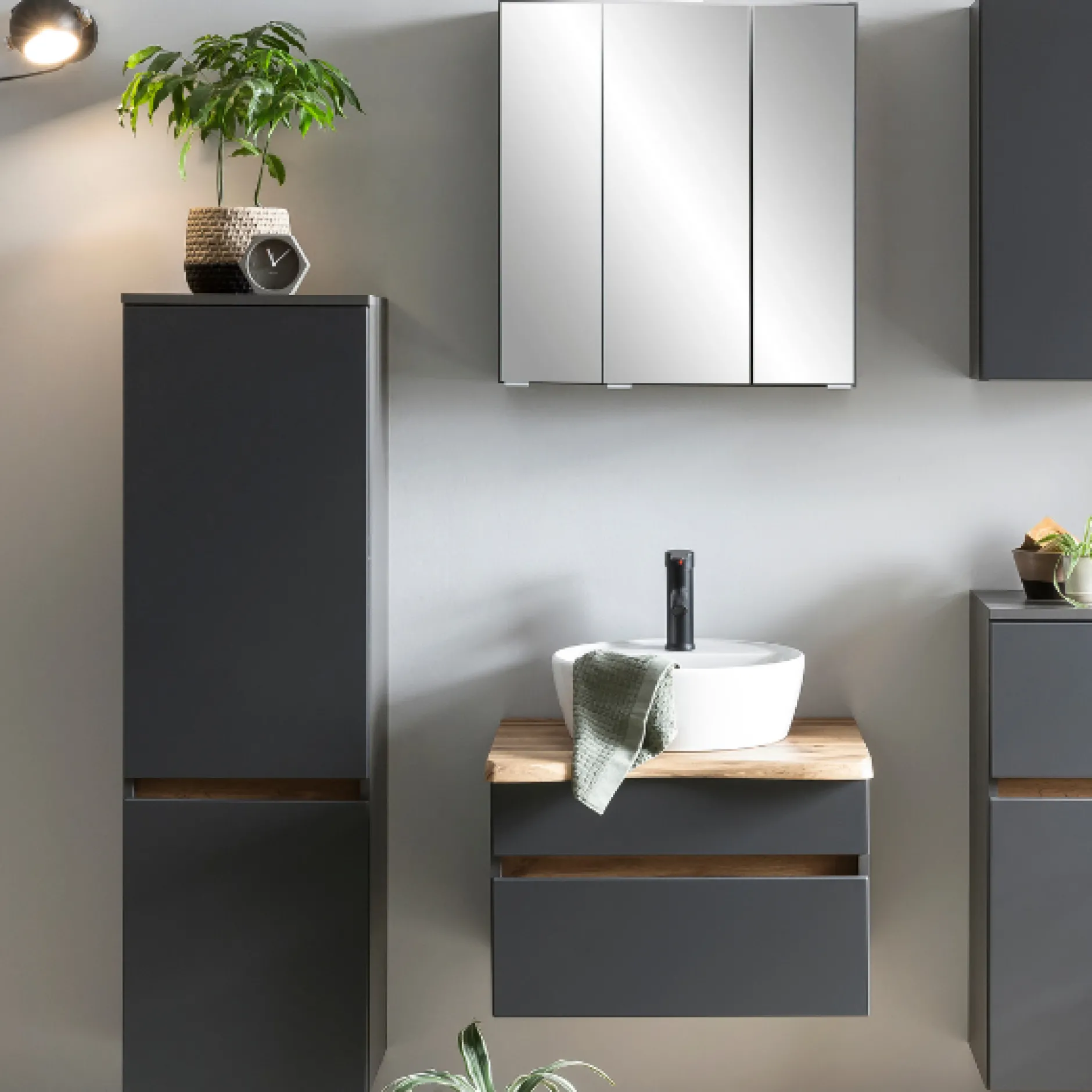VikasBadezimmer : Säulenschrank, Spiegelschrank, Waschbeckenschrank - anthrazit