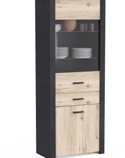 Vitrine Aubrey - 75x42x198cm - 2 Türen und 1 Schublade - Eiche Dekor/schwarz