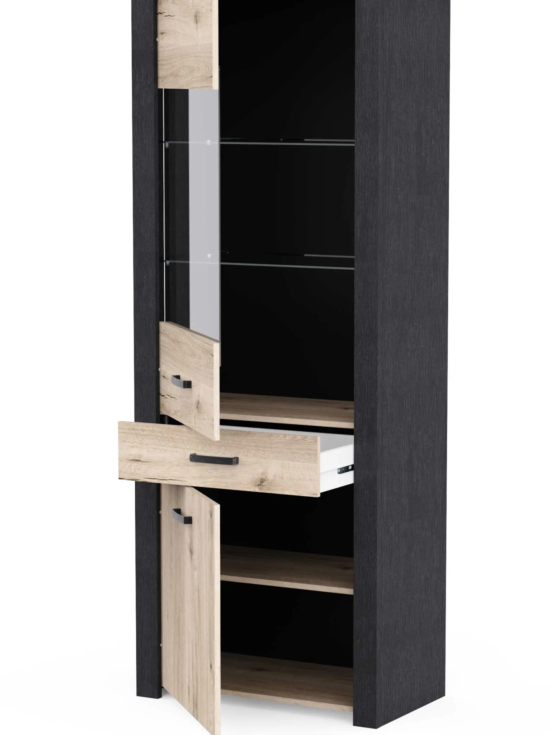 Vitrine Aubrey - 75x42x198cm - 2 Türen und 1 Schublade - Eiche Dekor/schwarz