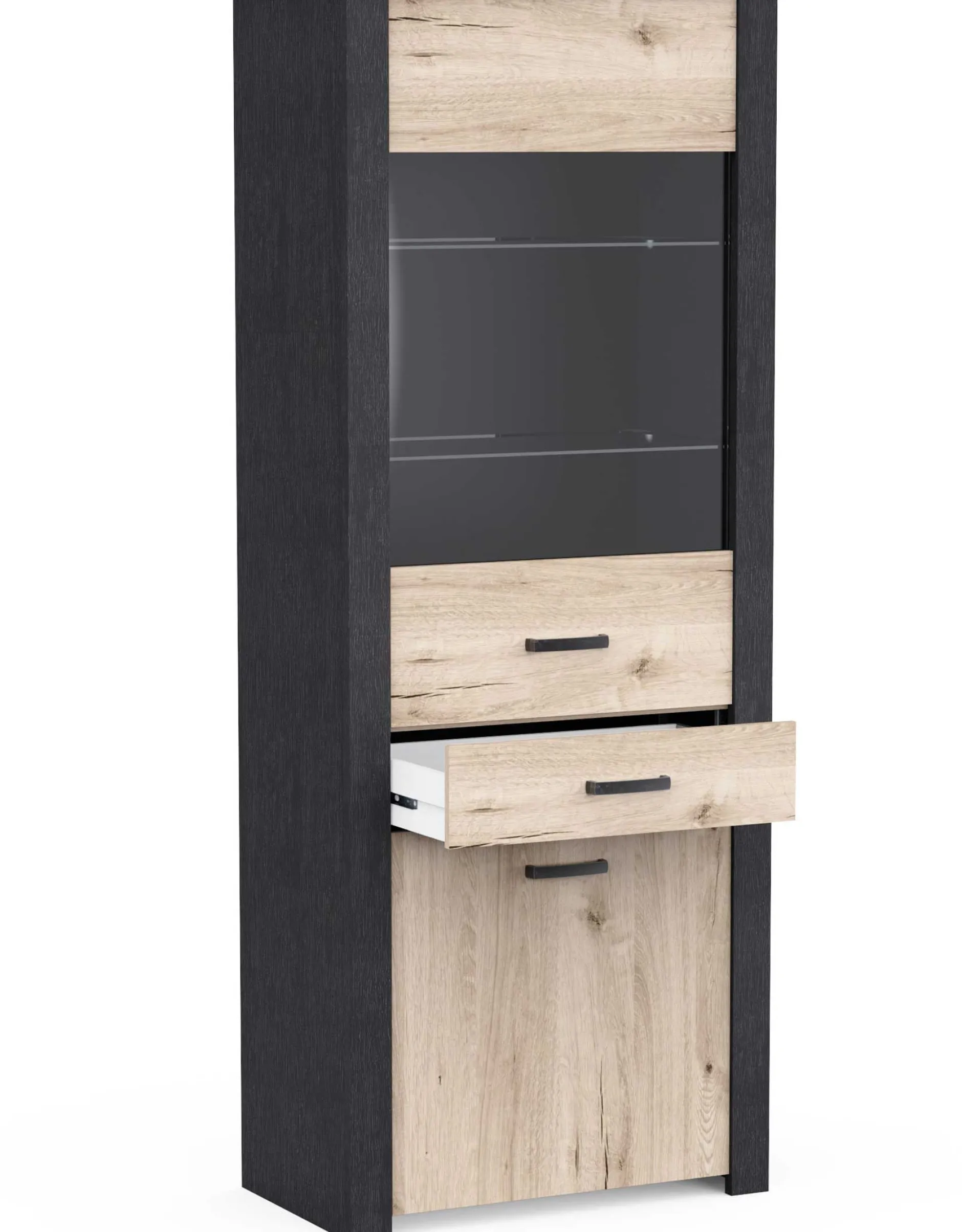 Vitrine Aubrey - 75x42x198cm - 2 Türen und 1 Schublade - Eiche Dekor/schwarz