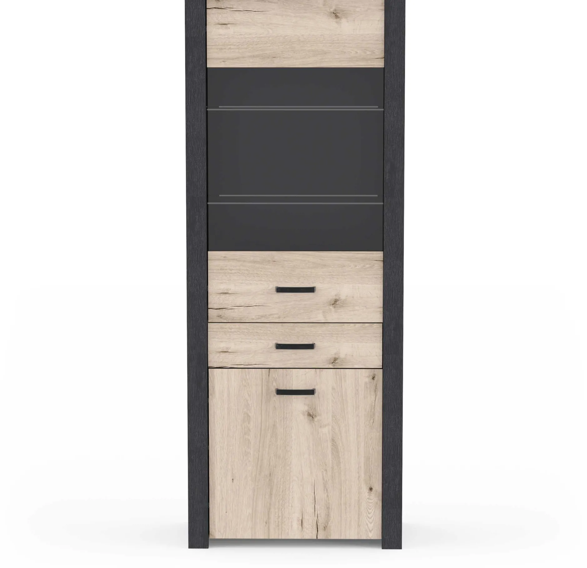 Vitrine Aubrey - 75x42x198cm - 2 Türen und 1 Schublade - Eiche Dekor/schwarz