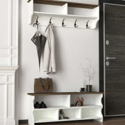Wandgarderobe Esta - mit Schuhbank - Dekor Weiß/Walnuss