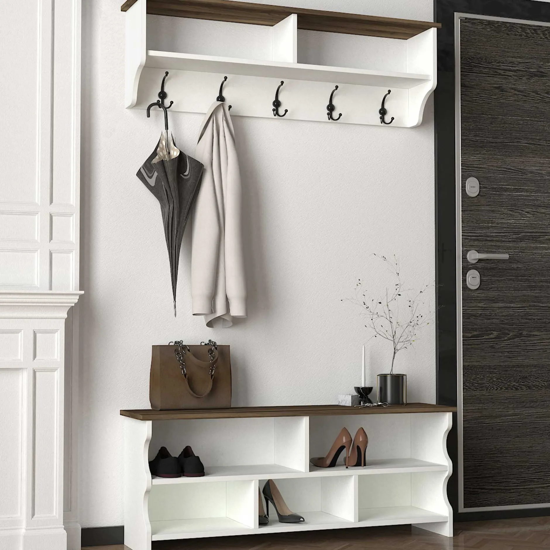 Wandgarderobe Esta - mit Schuhbank - Dekor Weiß/Walnuss