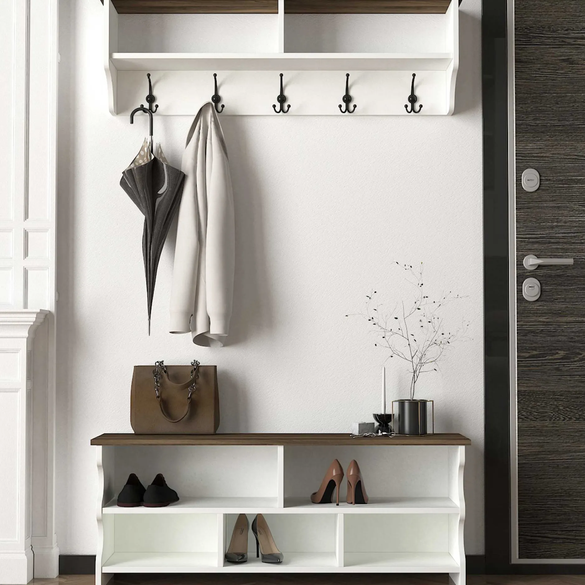 Wandgarderobe Esta - mit Schuhbank - Dekor Weiß/Walnuss