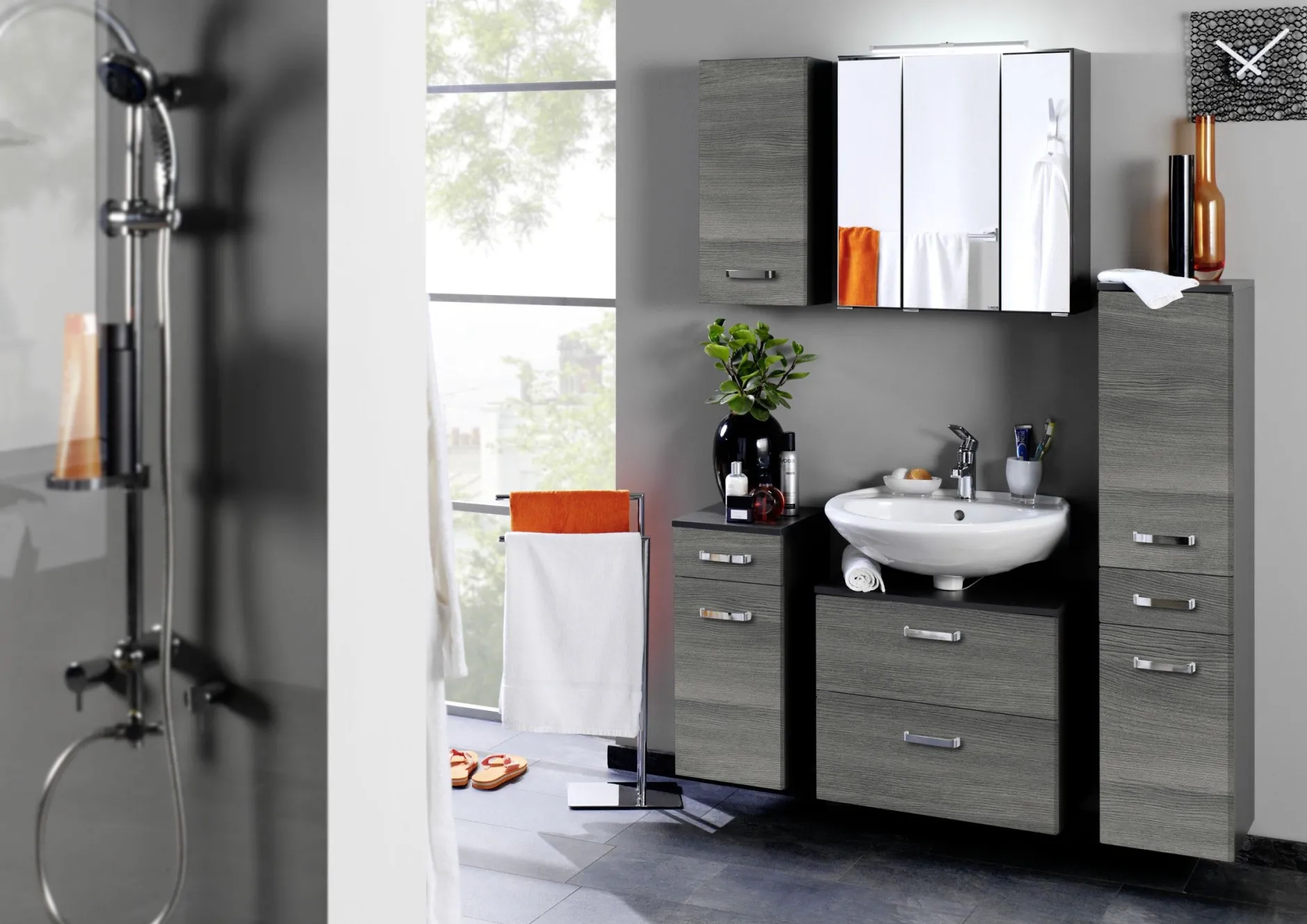Waschbeckenschrank Bobbi 70cm 1 Tür und 1 Schublade - graphit/graue Eiche