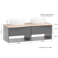 Waschbeckenschrank Karan 121cm mit zwei Waschbecken und zwei Schubladen - Eiche