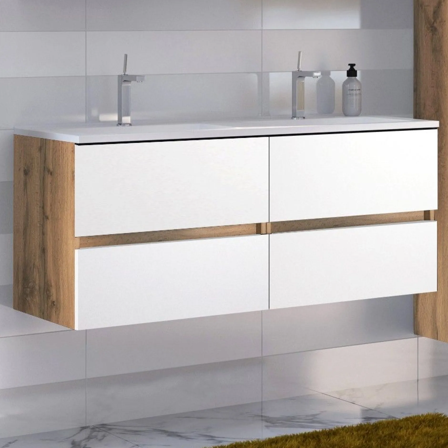 Waschbeckenschrank Luna 120cm mit Doppelwaschbecken und 4 Schubladen - Eiche/Weiß