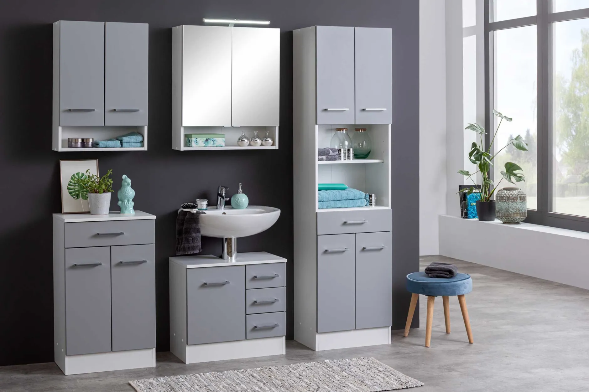 Waschbeckenschrank Ricca 60cm 1 Tür und 3 Schubladen - weiß/hellgrau