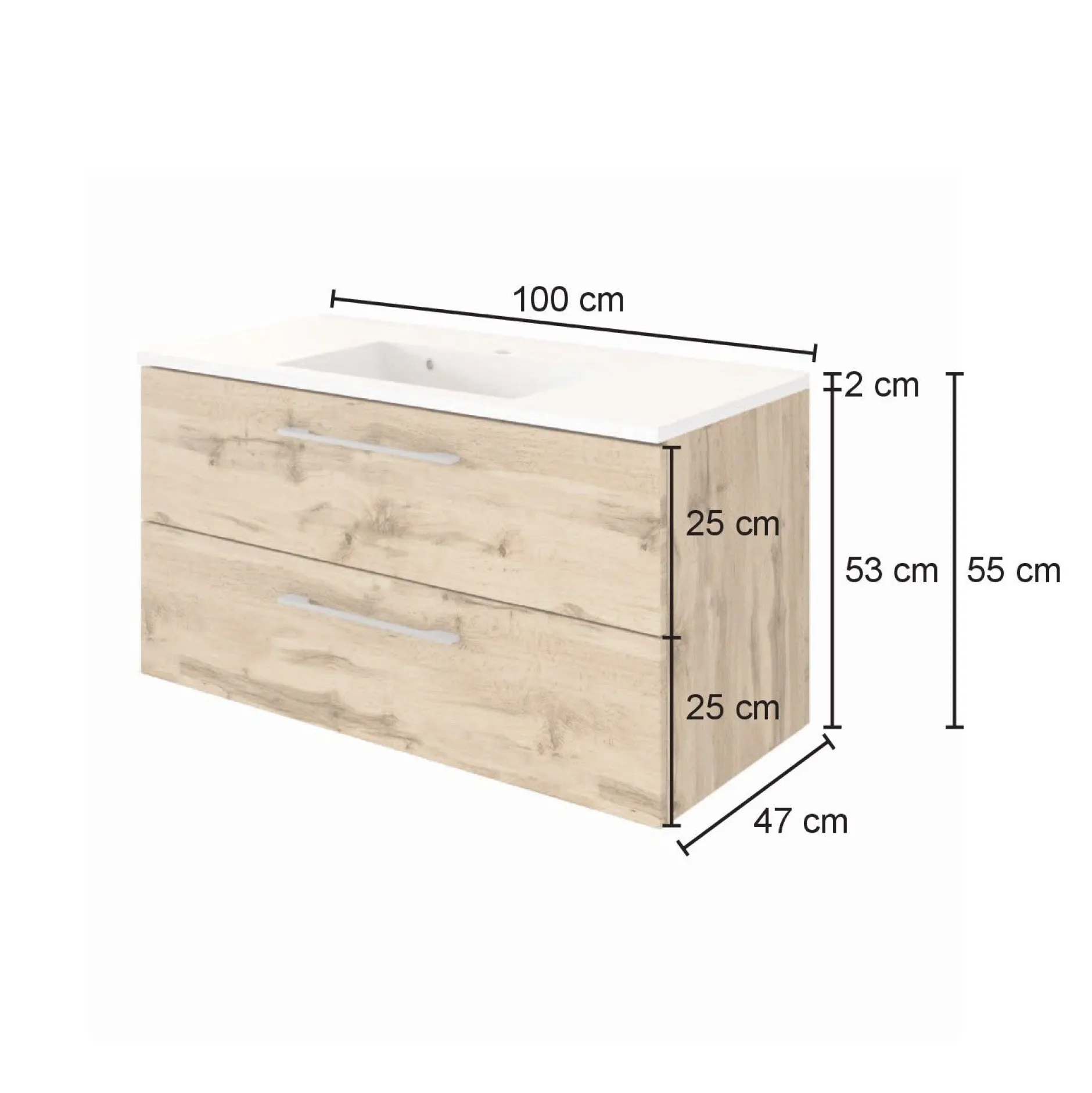 Waschbeckenschrank Sefa 100cm 2 Schubladen - Eiche/Weiß