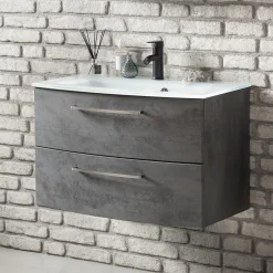 Waschbeckenschrank Stivan 80cm weißes Waschbecken - Beton