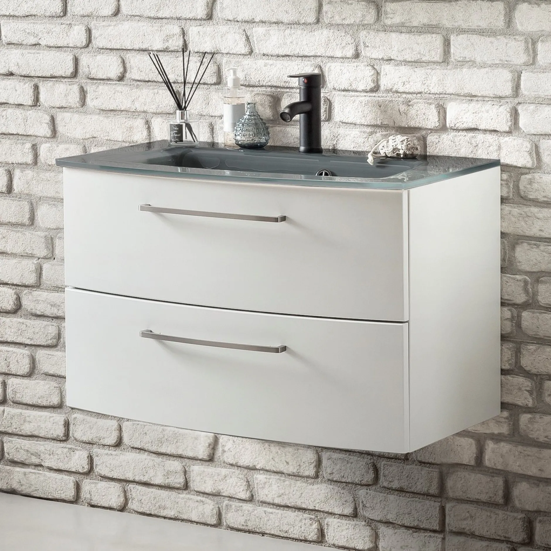 Waschbeckenschrank Stivan 80cm grau Waschbecken - weiß
