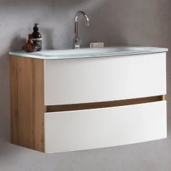 Waschbeckenunterschrank Kornel 80cm weißes Waschbecken - Eiche/mattweiß