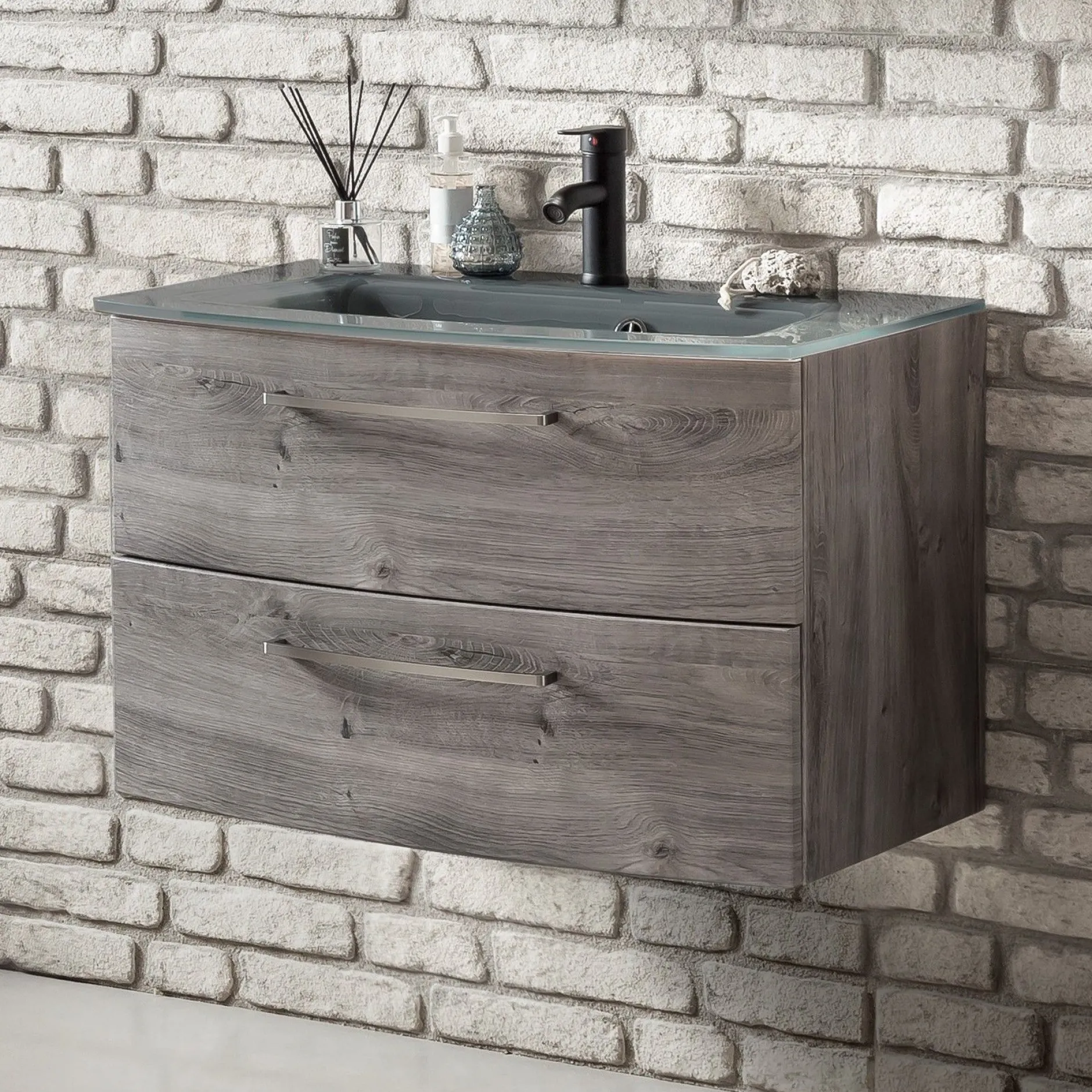 Waschbeckenunterschrank Stivan 80cm grau Waschbecken - Eiche grau