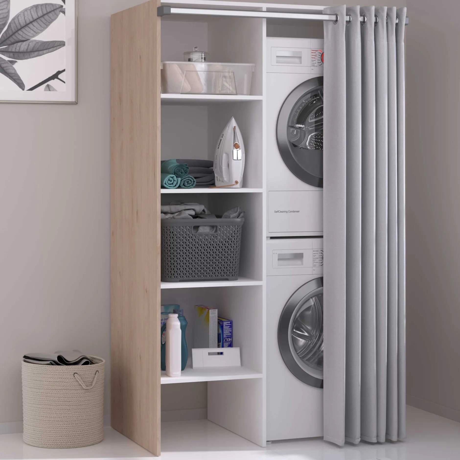 Waschmaschinenschrank Laundry - 113x70x184cm - 4 Einlegeböden und Vorhang - Eichendekor