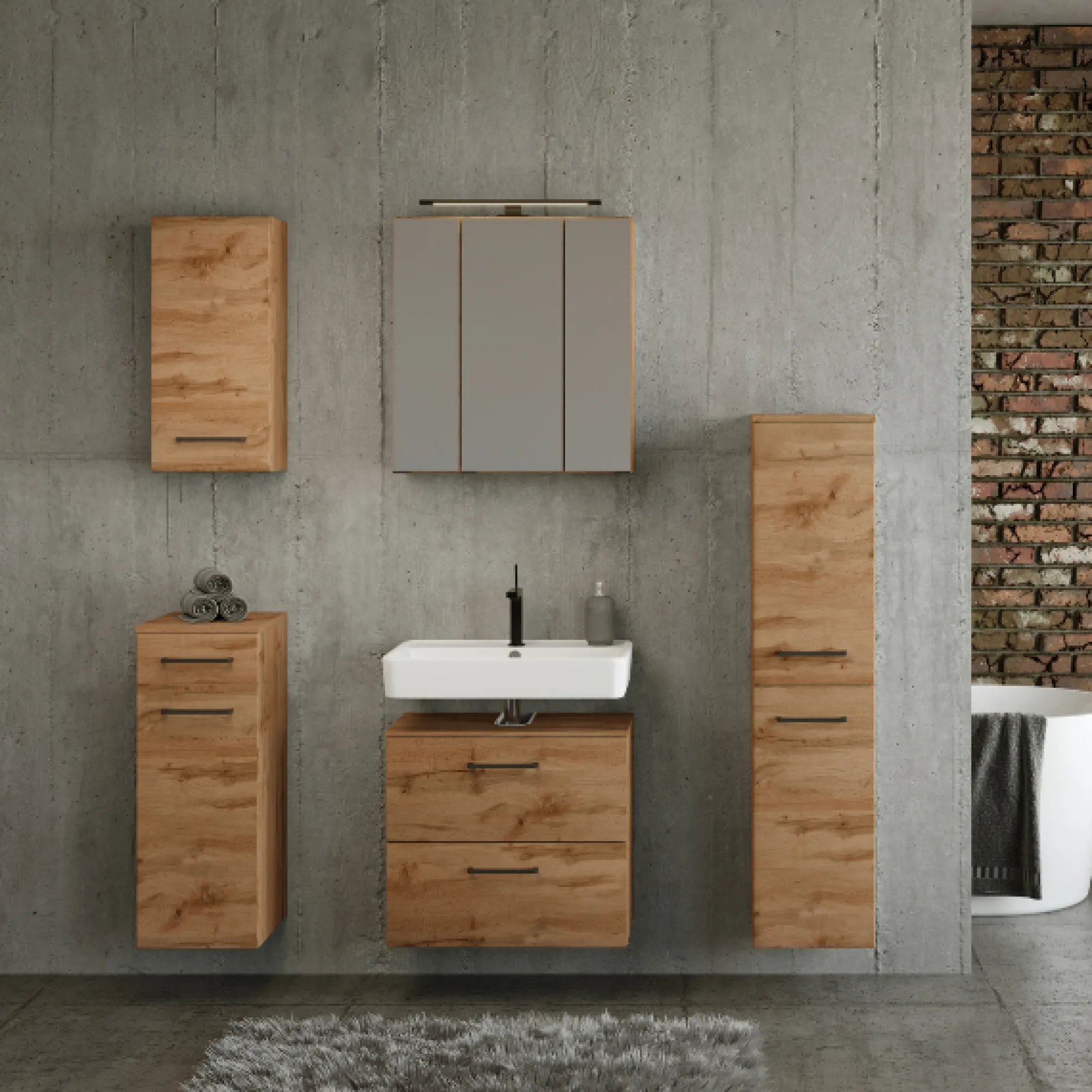 Waschtisch-Set Manchester | Waschtischschrank und Spiegelschrank | Wotan Oak Design