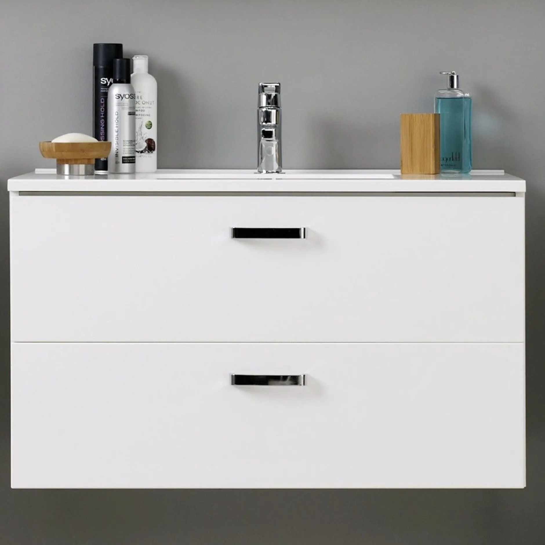 Waschtischunterschrank Bobbi 100cm mit 2 Schubladen und Keramikwaschbecken - weiß
