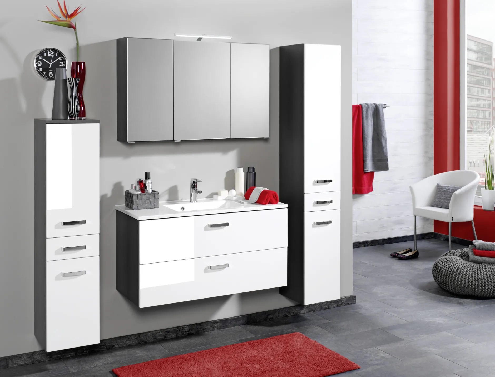 Waschtischunterschrank Bobbi 90cm 2 Schubladen - graphit/hochglanz-weiß