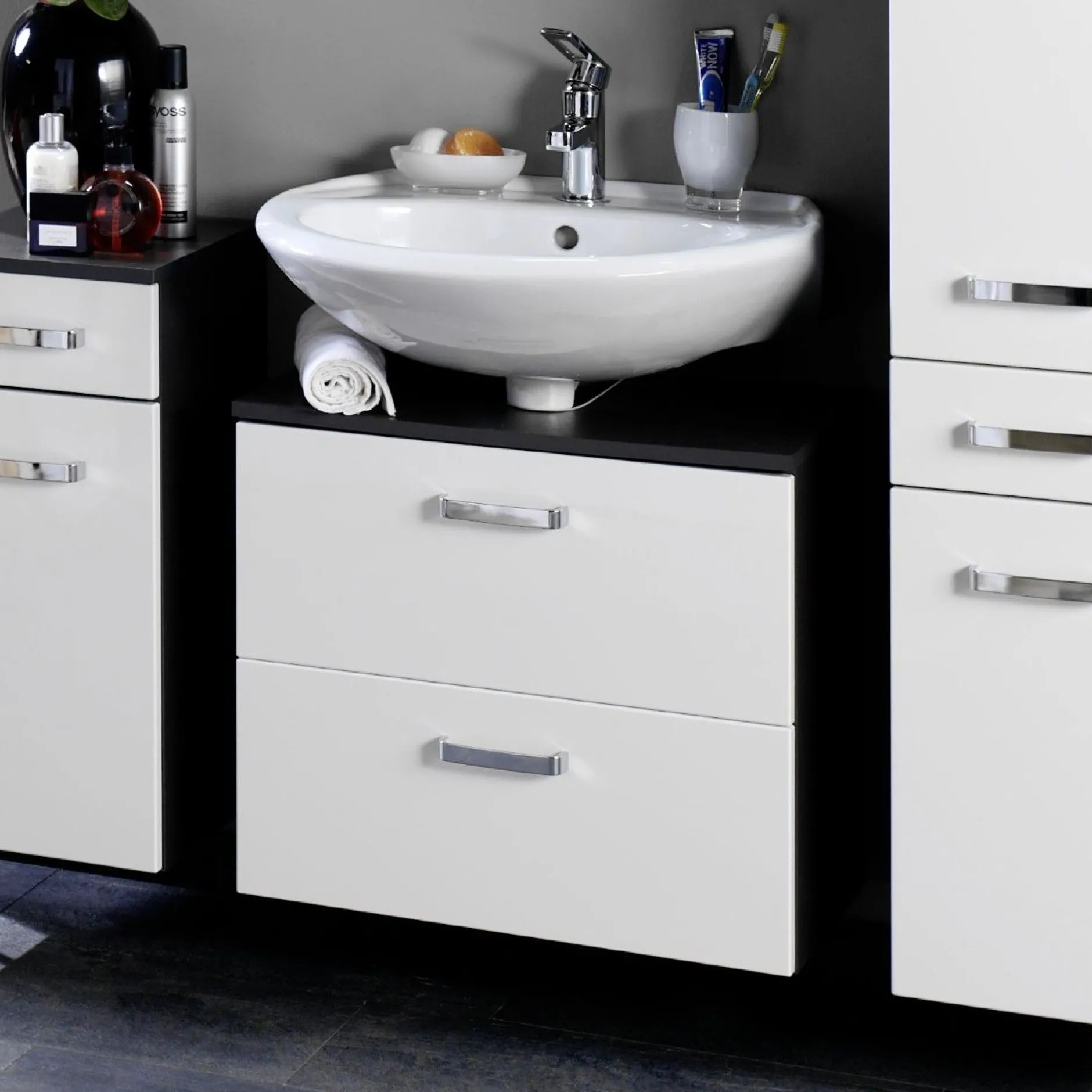 Waschtischunterschrank Bobbi 60cm 1 Tür und 1 Softclose-Schublade - graphit/hochglanz-weiß