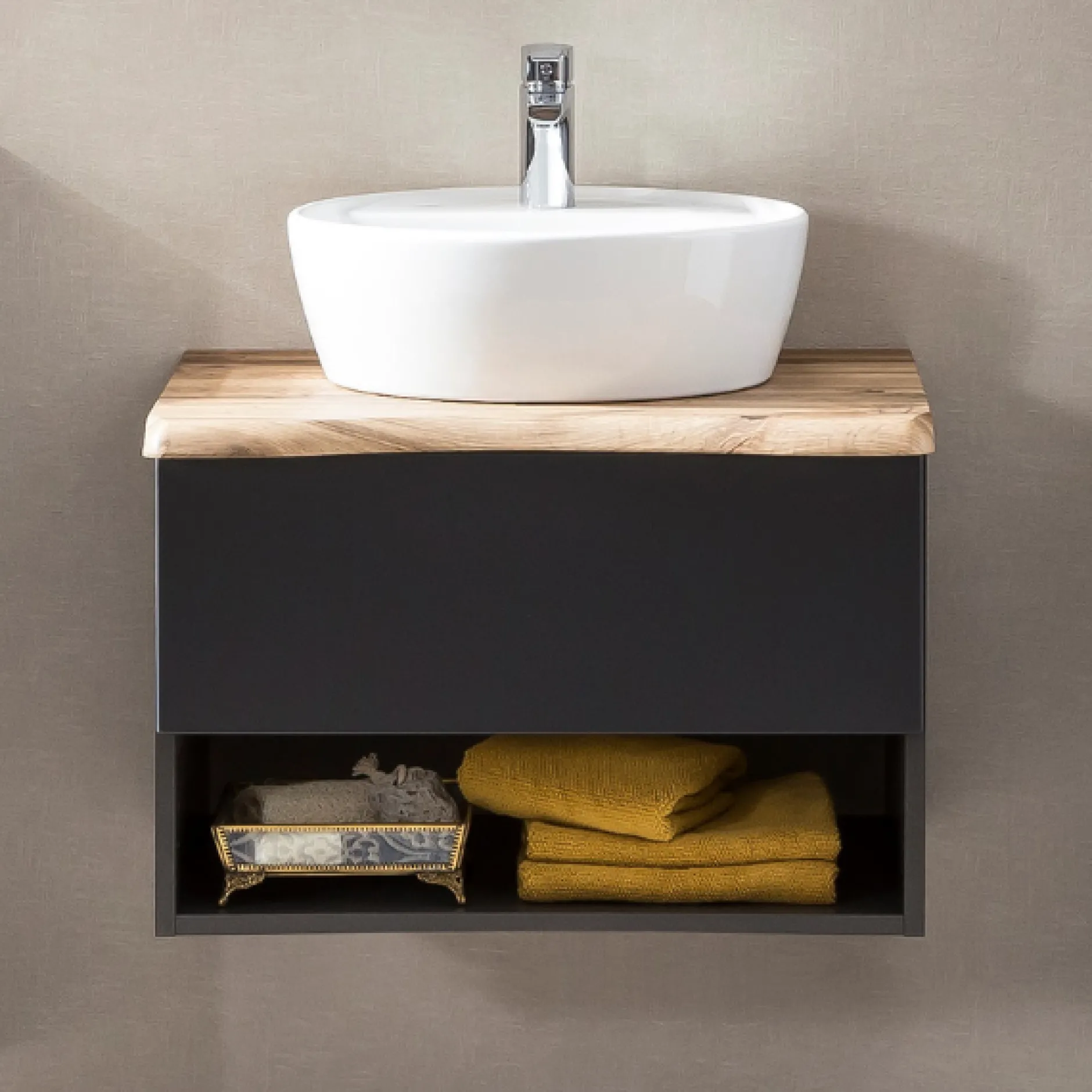Waschtischunterschrank Karan 61cm mit Waschbecken und 1 Schublade - anthrazit/eiche