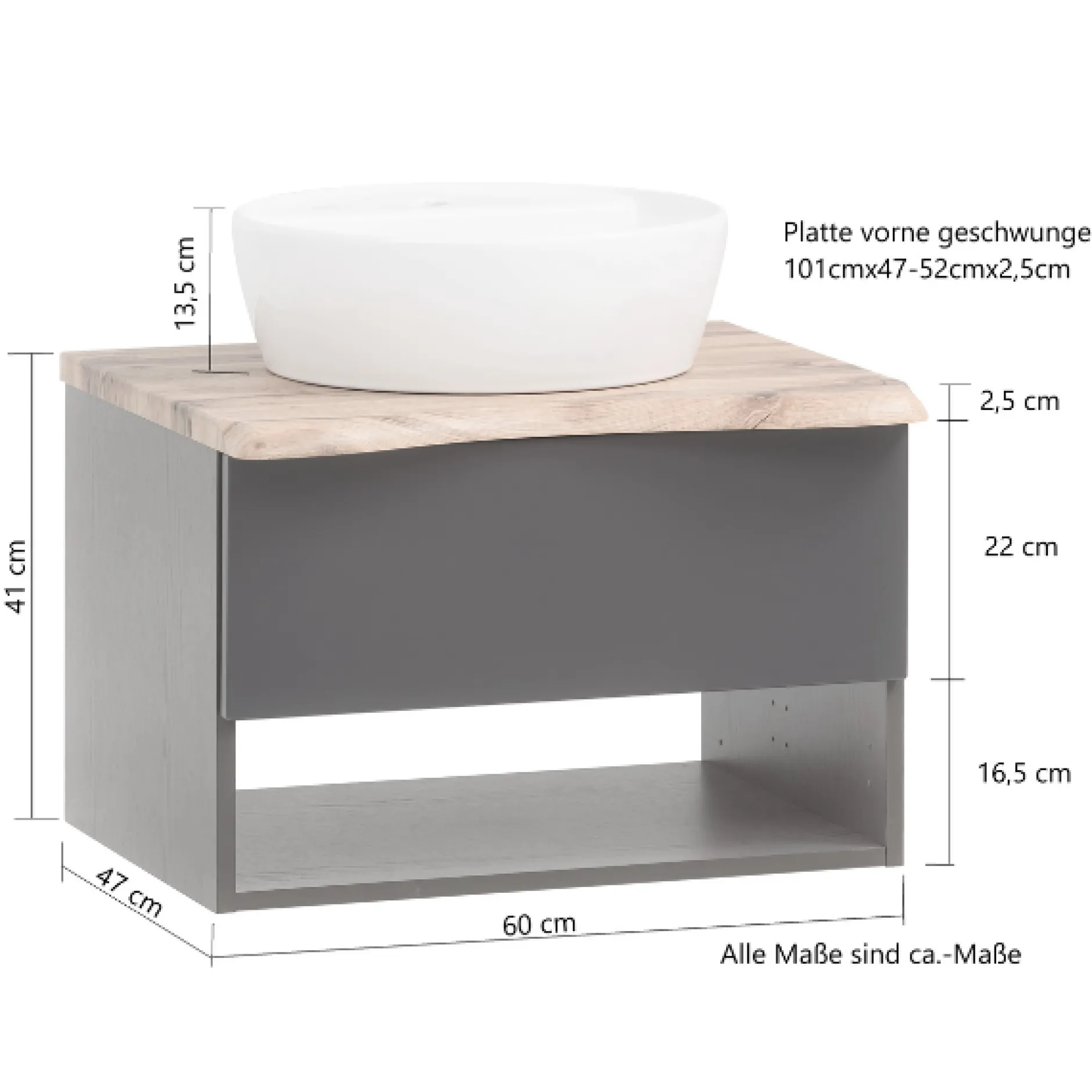 Waschtischunterschrank Karan 61cm mit Waschbecken und 1 Schublade - anthrazit/eiche