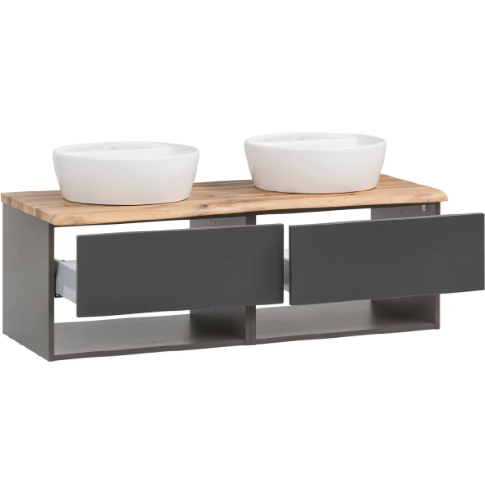Waschtischunterschrank Karan 121cm mit 2 Waschbecken und 2 Schubladen - anthrazit/eiche
