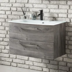 Waschtischunterschrank Stivan 80cm weißes Waschbecken - Eiche grau