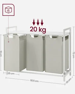 Wäschekorb mit Regal Polly | Drei Fächer | 92,5 x 33 x 72 cm | Weiß