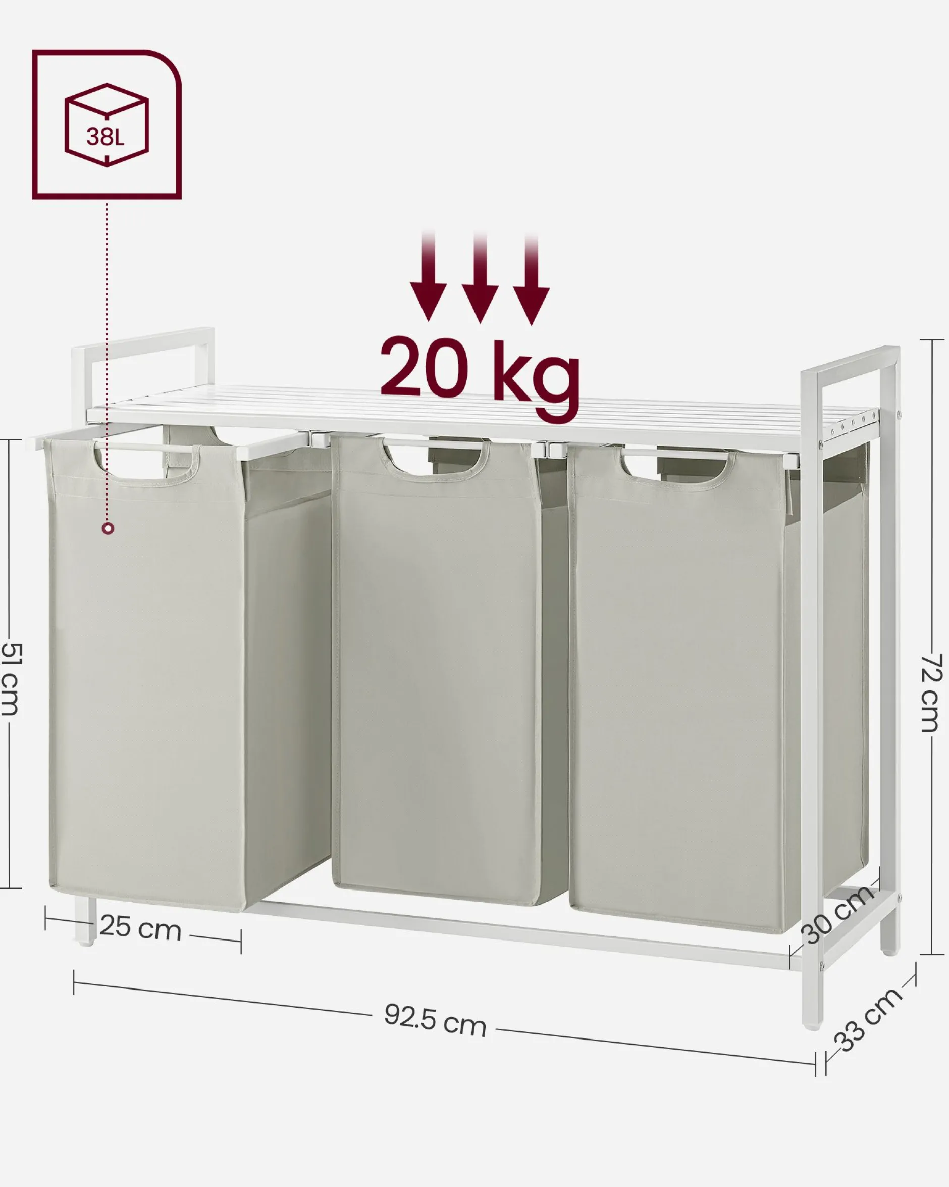 Wäschekorb mit Regal Polly | Drei Fächer | 92,5 x 33 x 72 cm | Weiß