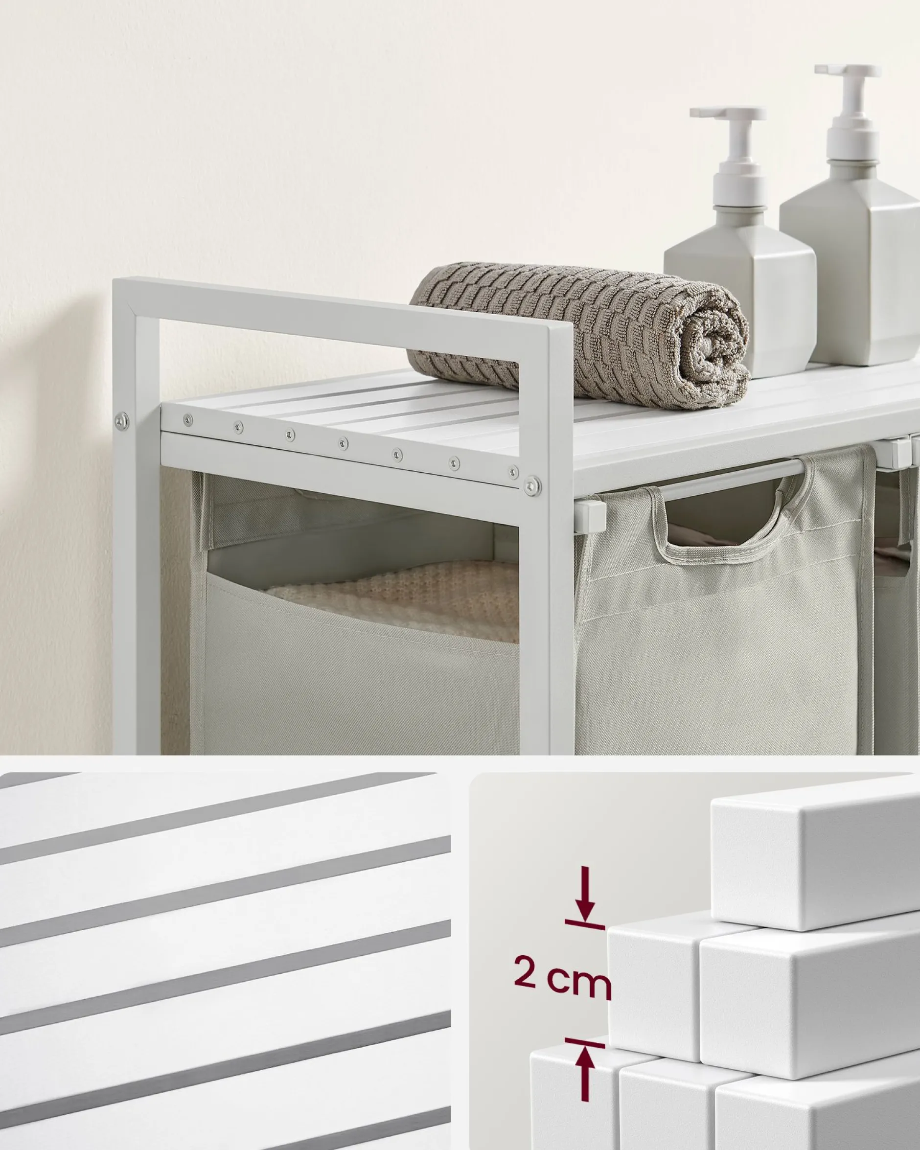 Wäschekorb mit Regal Polly | Drei Fächer | 92,5 x 33 x 72 cm | Weiß