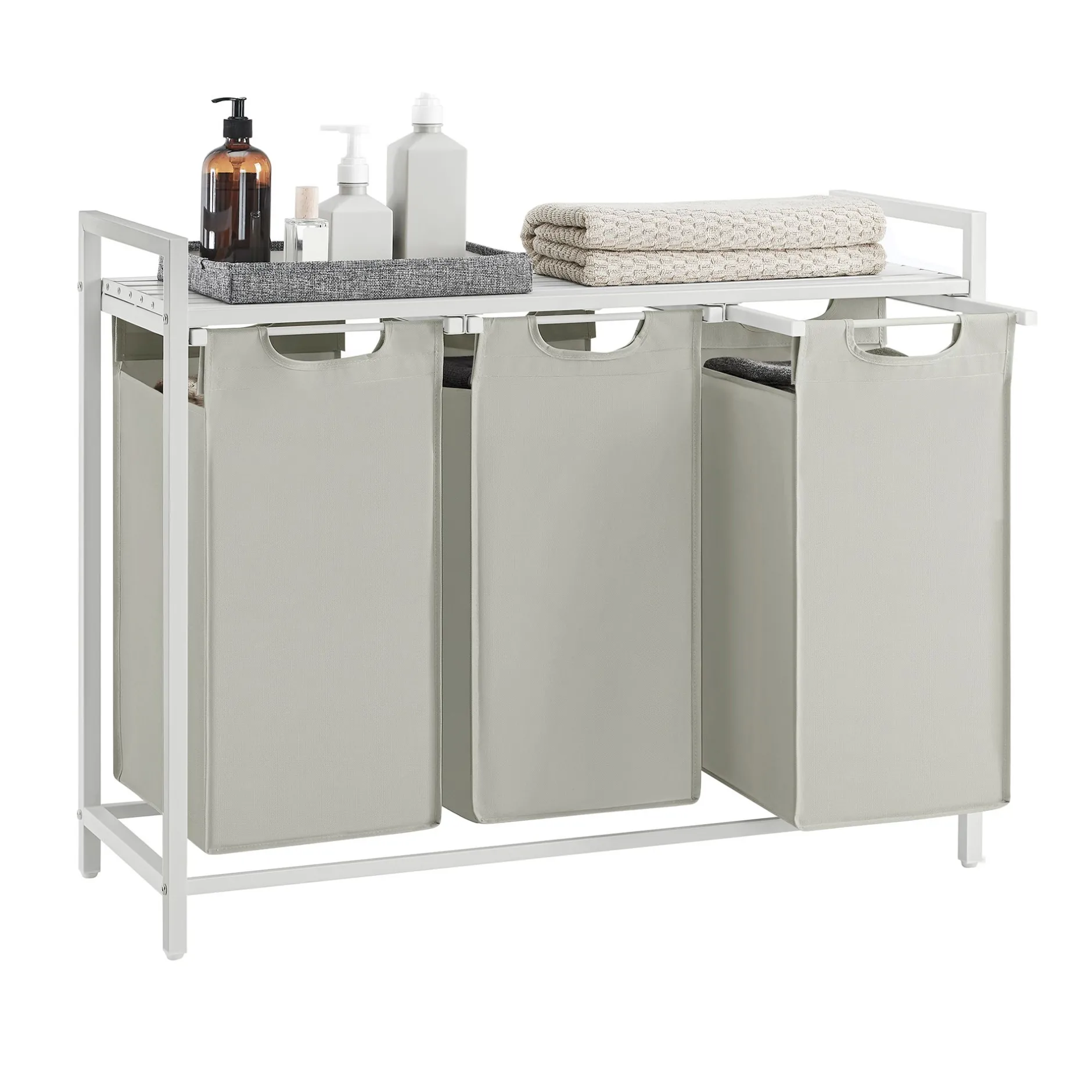 Wäschekorb mit Regal Polly | Drei Fächer | 92,5 x 33 x 72 cm | Weiß