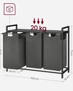 Wäschekorb mit Regal Polly | Drei Fächer | 92,5 x 33 x 72 cm | Grau