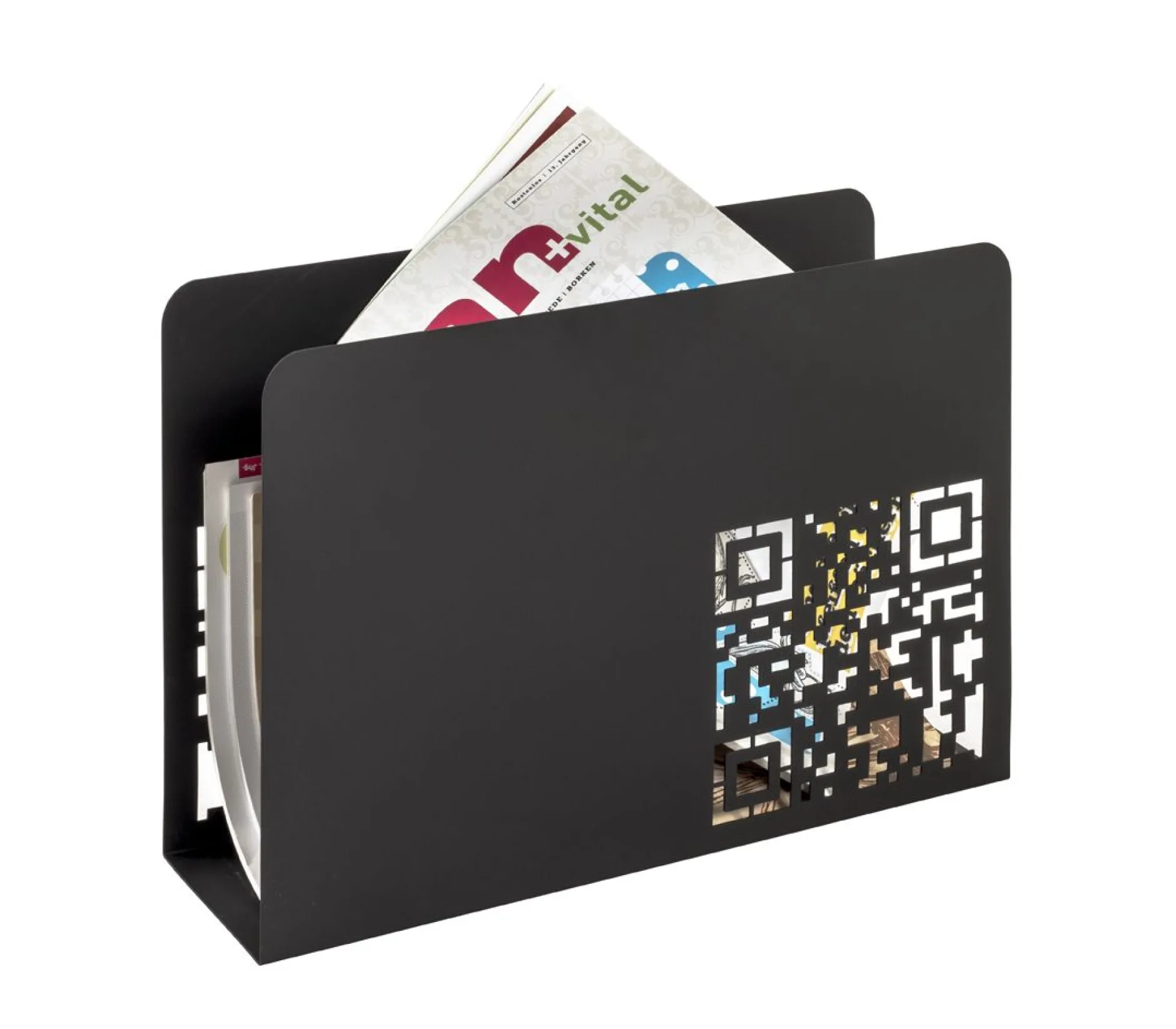 Zeitschriftenständer | 35 x 10 x 26 cm | Schwarz, QR-Code-Design