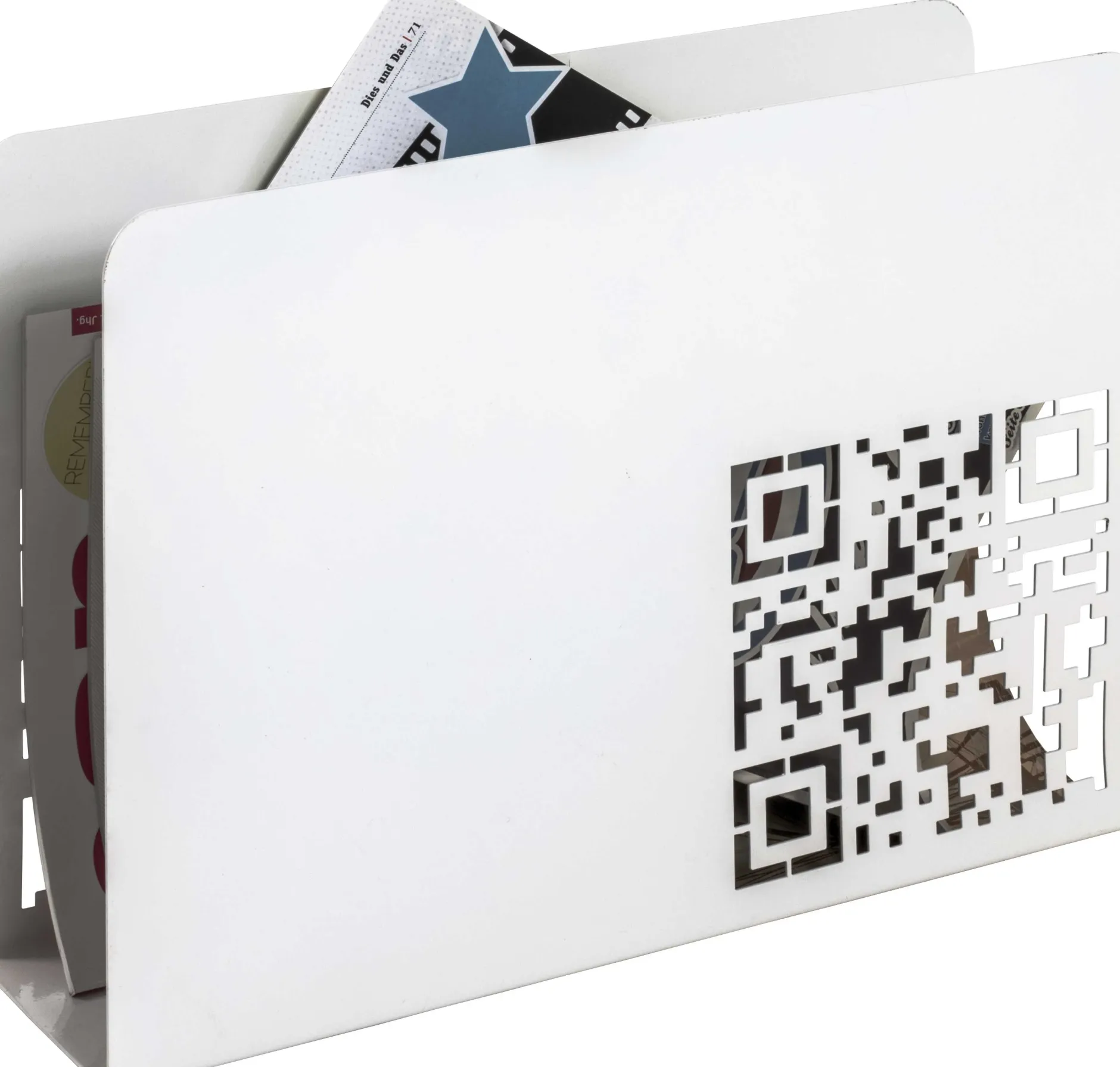 Zeitschriftenständer | 35 x 10 x 26 cm | Weiß, QR-Code-Design