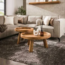 Zweistöckiges Mangoholz-Dreibein-Couchtisch-Set in Sand